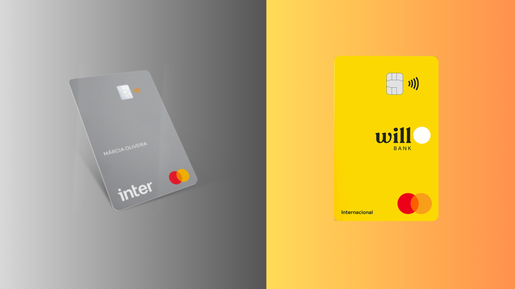 Banco Inter Platinum x Will Bank: Qual o melhor cartão para você? 10 Imagem comparativa entre dois cartões de crédito Mastercard: à esquerda, o cartão Banco Inter Mastercard Platinum com design prateado, visual clean e nome do titular em branco; à direita, o cartão Will Bank com design vibrante em amarelo, tipografia moderna e destaque para o círculo branco da marca. Ambos os cartões possuem tecnologia de pagamento por aproximação. O fundo da imagem é dividido em dois tons: cinza no lado do Inter e laranja no lado do Will Bank.