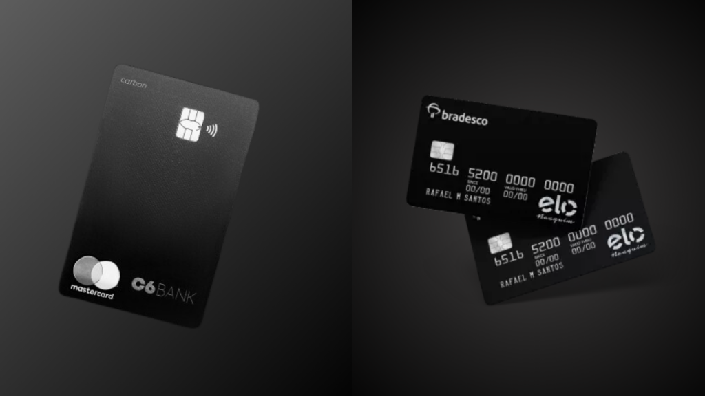 Imagem comparativa entre dois cartões de crédito premium: à esquerda, o C6 Bank Carbon Mastercard, com design minimalista em preto fosco e logotipo Mastercard no canto inferior; à direita, dois cartões Bradesco Elo Nanquim, também em preto, exibindo o logotipo Elo e os detalhes do titular do cartão. Ambos possuem aparência sofisticada e são voltados para clientes de alta renda.