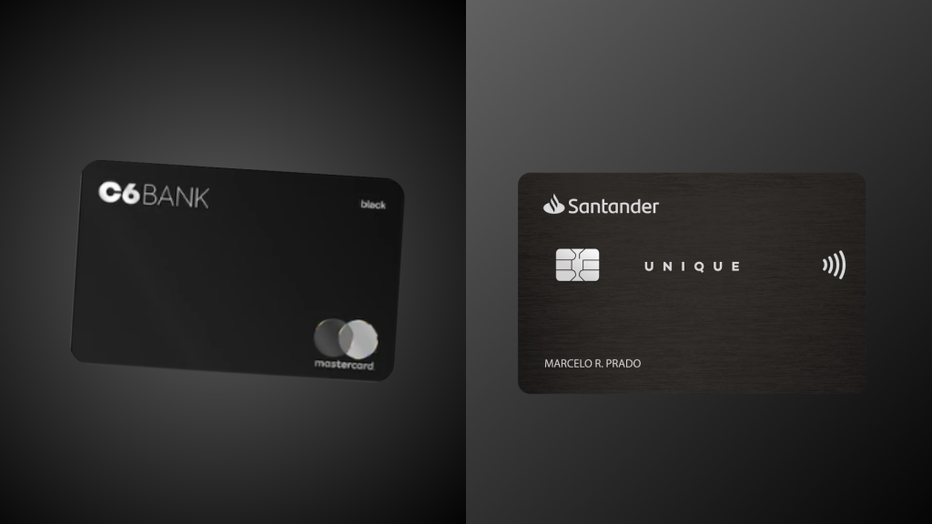 Imagem comparativa entre dois cartões de crédito premium: à esquerda, o C6 Bank Mastercard Black, com design minimalista em preto fosco e logotipo Mastercard no canto inferior; à direita, o Santander Unique, com acabamento sofisticado em tom escuro, o nome do titular gravado e ícone de pagamento por aproximação. Ambos são cartões voltados para clientes de alta renda, oferecendo benefícios exclusivos.