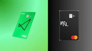 Imagem comparativa de dois cartões de crédito: à esquerda, o cartão Next Visa Internacional em tons de verde com um design moderno e minimalista, exibindo uma seta estilizada; à direita, o cartão NG Cash Mastercard em preto com visual clean e tipografia ousada, ambos com tecnologia de pagamento por aproximação.