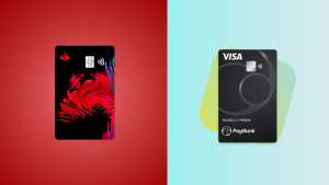Imagem comparativa de dois cartões de crédito: à esquerda, o cartão Santander Free com design artístico abstrato em vermelho e preto sobre fundo vermelho; à direita, o cartão PagBank Visa com visual preto e moderno, nome personalizado e fundo em tons suaves de azul e verde. Ambos possuem chip e tecnologia de pagamento por aproximação.