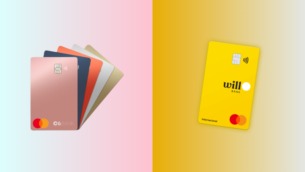 C6 Bank x Will Bank: Qual cartão se destaca mais no seu bolso? 6 Comparativo visual entre os cartões de crédito do C6 Bank, exibindo várias cores personalizáveis, e o cartão amarelo do Will Bank, ambos com bandeira Mastercard e tecnologia por aproximação.