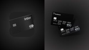 Imagem comparativa entre dois cartões de crédito premium: à esquerda, o cartão Inter Black com design minimalista e acabamento escuro texturizado, destacando o logotipo do banco Inter e da bandeira Mastercard em tons metálicos; à direita, dois cartões Bradesco Elo Nanquim posicionados em sobreposição, com visual sofisticado, tom preto fosco e tipografia branca, evidenciando a bandeira Elo Nanquim e o nome do titular. O fundo escuro reforça o caráter exclusivo e elegante de ambos os produtos financeiros.