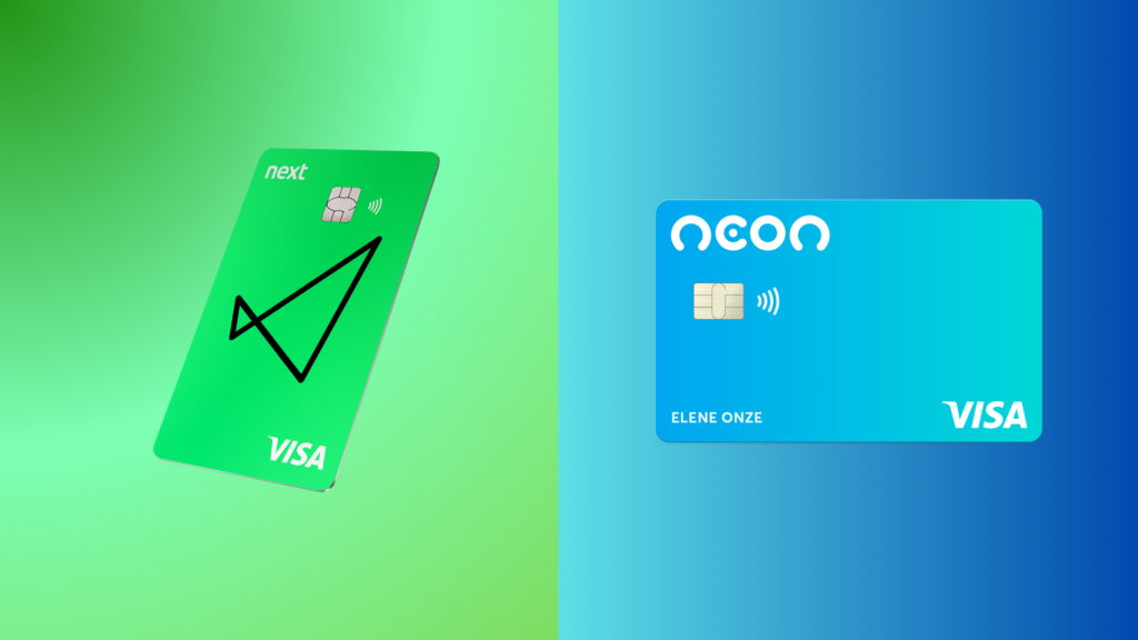 Next Visa Internacional x Neon: Qual cartão combina mais com seu perfil? 5 Comparativo visual entre dois cartões de crédito: à esquerda, o cartão verde Next Visa Internacional com design moderno e logo em formato de seta; à direita, o cartão azul Neon Visa com design minimalista e nome do titular “ELENE ONZE” em destaque. Ambos com chip e tecnologia de pagamento por aproximação.