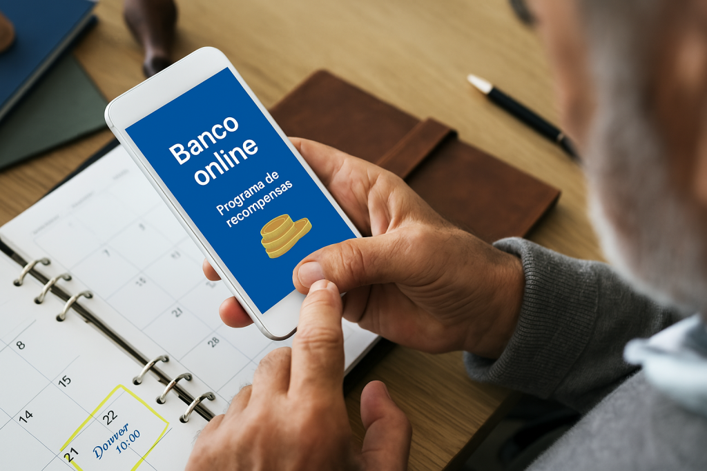 Bancos digitais com programa de pontos e recompensas: Vale a pena? 7 Homem idoso utilizando um smartphone em um ambiente de trabalho, visualizando uma tela com os dizeres 'Banco online' e 'Programa de recompensas', acompanhados de um ícone de moedas douradas, representando programas de cashback oferecidos por bancos digitais. Sobre a mesa, há um caderno de anotações com um compromisso marcado no calendário, uma carteira de couro, uma caneta preta e objetos de escritório.