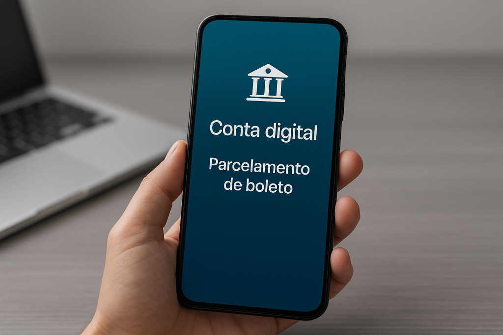 Como funciona o parcelamento de boletos em contas digitais? 8 Pessoa segurando um smartphone que exibe a tela de uma conta digital com a funcionalidade de parcelamento de boletos, destacando a praticidade dos serviços financeiros oferecidos por bancos digitais modernos.