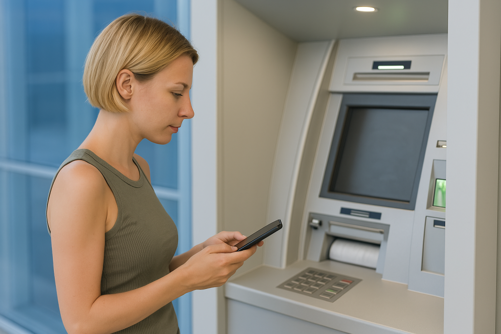Como fazer saques sem cartão usando sua conta digital? 4 Mulher loira de cabelo curto realiza saques sem cartão em caixa eletrônico usando o celular, em ambiente moderno e bem iluminado.