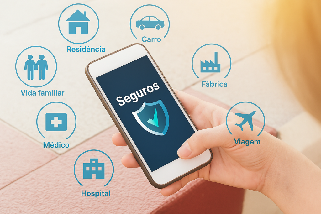 Seguros oferecidos por contas digitais: Quais bancos possuem os melhores planos? 5 Pessoa segurando um smartphone com o aplicativo “Seguros” na tela, cercado por ícones representando diferentes tipos de seguros em português.