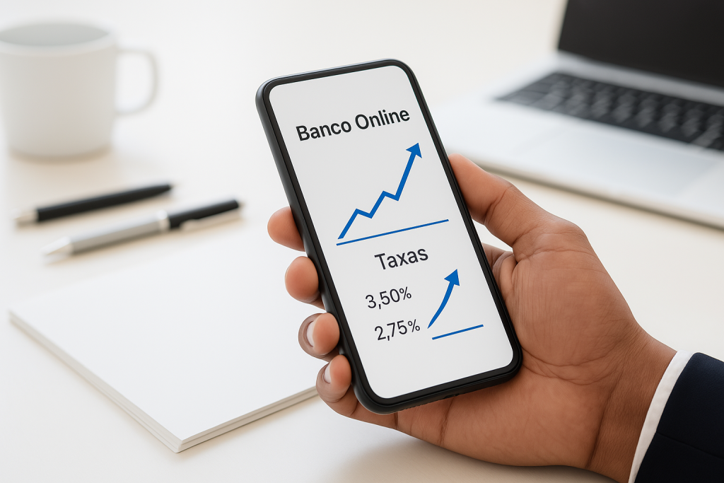 Quais são as principais taxas escondidas em contas digitais? 6 Pessoa segurando um smartphone com aplicativo de banco online exibindo gráficos de juros altos e porcentagens de taxas, representando o impacto das taxas escondidas em contas digitais, em um ambiente de escritório moderno e claro.