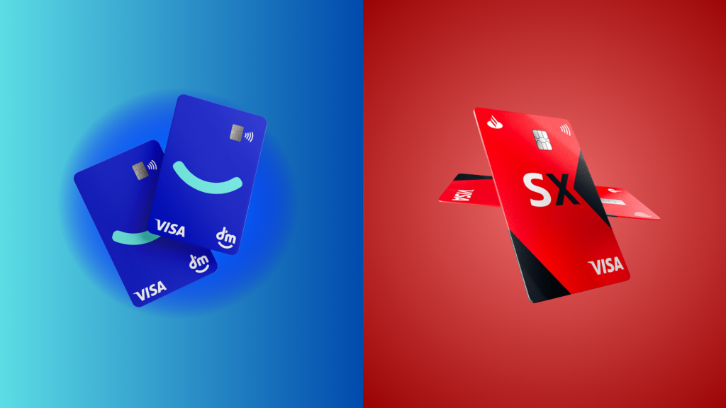 DM Visa x Santander SX: Quem entrega mais vantagens para o seu bolso? 4 Imagem comparativa dos cartões DM Visa e Santander SX, com fundo dividido em azul e vermelho, representando visualmente as diferenças entre os dois produtos financeiros.