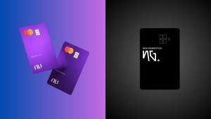 Imagem comparativa entre dois cartões: à esquerda, dois cartões roxos do Nubank com nomes personalizados; à direita, um cartão preto do NG Cash com design minimalista. Representação visual das diferenças entre os cartões digitais Nubank e NG Cash.