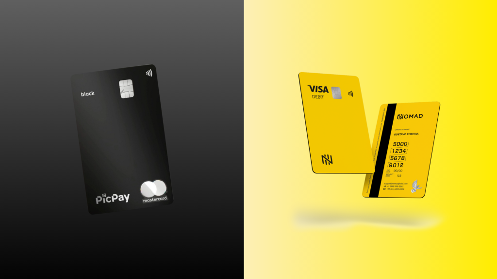 PicPay Black x Nomad: Saiba qual cartão combina com seu estilo financeiro 1 Comparação visual entre os cartões PicPay Black e Nomad: à esquerda, o cartão preto fosco do PicPay Black com bandeira Mastercard; à direita, dois cartões amarelos da Nomad com bandeira Visa, exibindo o design moderno e internacional da fintech.