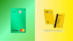 Comparativo visual entre os cartões PicPay Platinum e Nomad, destacando o design moderno e as cores vibrantes de ambos, representando a disputa entre duas soluções financeiras digitais populares.