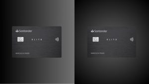 Imagem comparativa dos cartões de crédito Santander Elite, com destaque para o design moderno e sofisticado. À esquerda, o cartão Santander Elite Pontos, ideal para quem acumula pontos no programa Esfera; à direita, o cartão Santander Elite Cashback, voltado para quem prefere dinheiro de volta na fatura. Ambos com chip, tecnologia contactless e bandeira Santander.