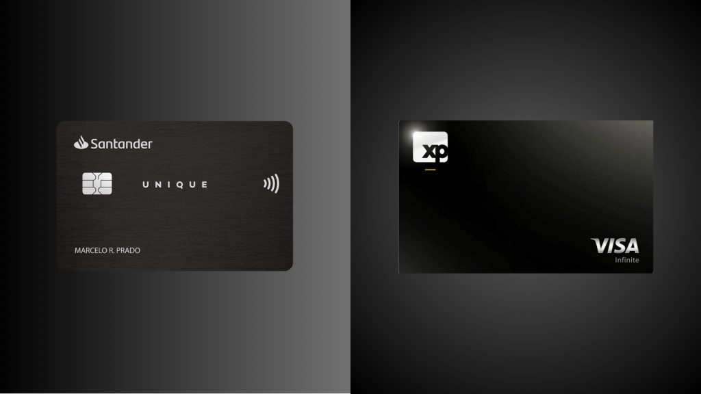 Santander Unique Pontos x XP Visa Infinite: Descubra qual cartão combina com seu perfil 2 Imagem comparativa dos cartões de crédito Santander Unique Pontos e XP Visa Infinite, exibindo seus designs elegantes lado a lado em um fundo escuro. À esquerda, o cartão Santander Unique apresenta aparência sofisticada com chip e símbolo de pagamento por aproximação. À direita, o cartão XP Visa Infinite destaca a marca XP e o selo Visa Infinite em acabamento preto. A imagem ilustra visualmente a disputa entre os dois produtos financeiros de alto padrão.