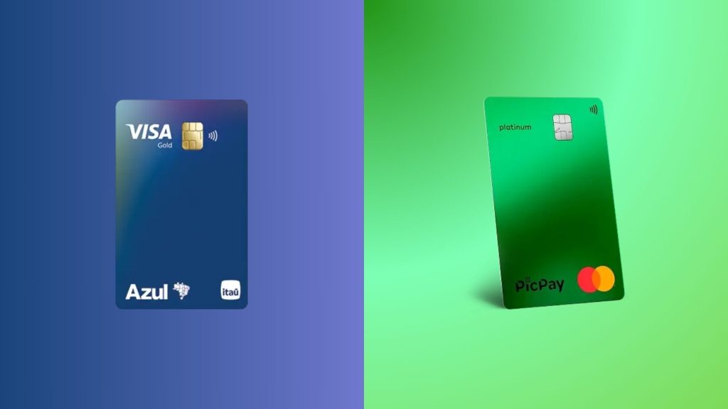 Azul Gold x PicPay Platinum: Qual desses cartões é o parceiro ideal para o seu bolso? 1 Imagem comparativa entre dois cartões de crédito: à esquerda, o cartão Azul Gold com fundo azul escuro e logotipo da Azul e do Itaú; à direita, o cartão PicPay Platinum com fundo verde vibrante e logotipo do PicPay e da Mastercard. Ambos os cartões estão destacados em fundos gradientes que reforçam suas identidades visuais. A imagem representa visualmente a comparação entre os cartões Azul Gold e PicPay Platinum.
