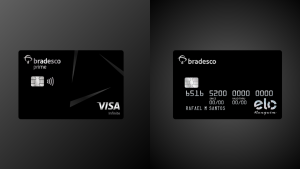 Imagem comparativa entre os cartões Bradesco Prime Infinite e Bradesco Elo Nanquim, exibindo o design sofisticado de ambos os modelos premium do banco Bradesco.