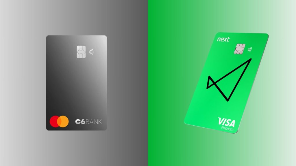 C6 Platinum x Next Visa Platinum: Descubra qual cartão vale mais a pena 3 Comparação visual entre os cartões de crédito C6 Platinum, com design preto e logotipo Mastercard, e Next Visa Platinum, em verde vibrante com ícone em forma de seta, destacando o contraste entre duas opções populares no mercado financeiro digital.