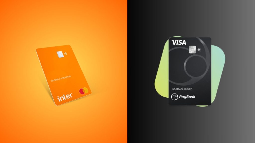 Banco Inter Gold x PagBank Visa: Qual o melhor cartão para o seu perfil? 2 Comparação visual entre os cartões Banco Inter Gold e PagBank Visa, destacando o design moderno do cartão laranja do Banco Inter Gold e o estilo sofisticado do cartão preto PagBank Visa.