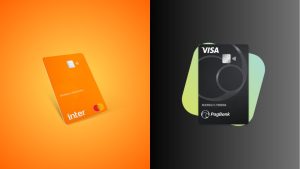 Comparação visual entre os cartões Banco Inter Gold e PagBank Visa, destacando o design moderno do cartão laranja do Banco Inter Gold e o estilo sofisticado do cartão preto PagBank Visa.