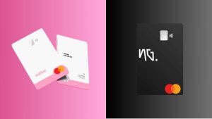 Imagem comparativa entre os cartões Méliuz Mastercard Platinum e NG Cash, destacando o design moderno e as cores vibrantes de cada opção.