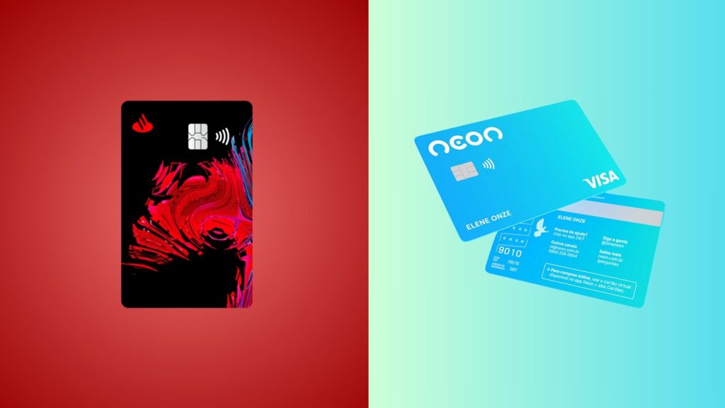Santander Free x Neon: qual o melhor cartão de crédito para você? 1 Cartão Santander Free preto e vermelho ao lado do cartão Neon azul, ilustrando comparativo visual entre cartões de crédito digitais.