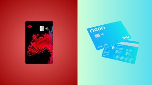 Cartão Santander Free preto e vermelho ao lado do cartão Neon azul, ilustrando comparativo visual entre cartões de crédito digitais.