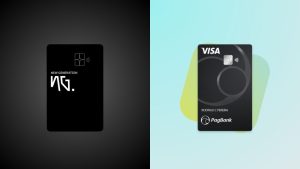 Comparativo visual entre os cartões de crédito NG Cash e PagBank Visa, destacando o design moderno e minimalista de cada um, representando o confronto entre duas opções populares no mercado financeiro digital.