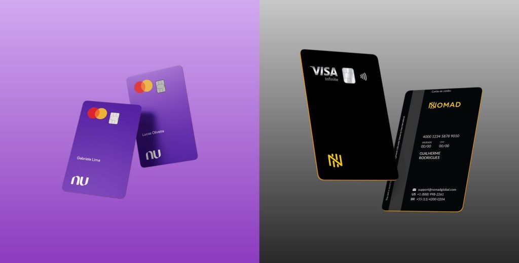 Nubank x Nomad: qual cartão de crédito vale mais a pena? 1 Comparativo entre cartões de crédito Nubank e Nomad, lado a lado em fundo dividido ao meio com degradês em tons roxos e cinza, cada cartão centralizado em seu espaço.