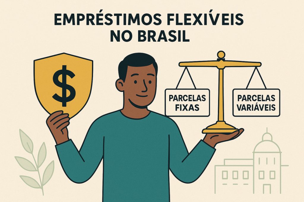 Infográfico em fundo claro com o título ‘EMPRÉSTIMOS FLEXÍVEIS NO BRASIL’. No centro, há a ilustração de uma pessoa sorrindo, de pele morena e cabelo curto, vestindo blusa azul-esverdeada. Na mão esquerda, ela segura um escudo amarelo com símbolo de cifrão, representando proteção financeira. Na mão direita, equilibra uma balança dourada com dois pratos: um com o texto ‘PARCELAS FIXAS’ e outro com ‘PARCELAS VARIÁVEIS’, indicando opções de pagamento diferentes. Ao fundo, elementos discretos de natureza à esquerda e a silhueta de um prédio à direita sugerem contexto brasileiro e escolha consciente entre modalidades de crédito