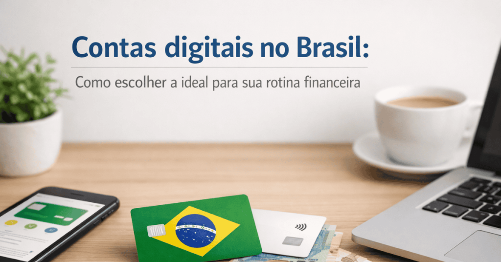 Conta digital no Brasil ilustrada por cartão bancário com a bandeira brasileira, smartphone com aplicativo financeiro, notebook e xícara de café sobre mesa, representando a rotina financeira moderna.