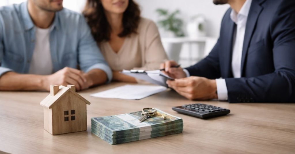 Casal conversa com consultor financeiro sobre empréstimos, com maquete de casa, dinheiro e calculadora sobre a mesa.
