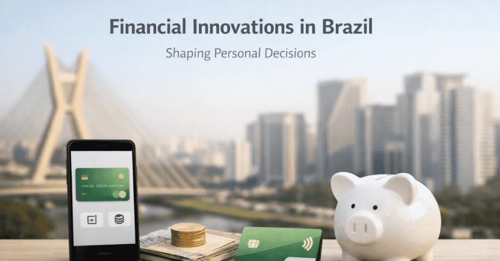 Novidades em inovações financeiras no Brasil, com smartphone exibindo cartão digital, cofre em forma de porquinho e skyline urbano ao fundo, representando decisões financeiras pessoais.