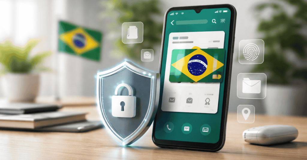 Imagem conceptual que representa segurança e acesso a serviços financeiros digitais no Brasil. Sobre uma mesa encontra-se um smartphone com a interface de uma aplicação financeira aberta, exibindo um cartão digital com a bandeira do Brasil. Ao lado do telemóvel aparece um escudo com cadeado iluminado, simbolizando proteção de dados e segurança nas transações online. À volta do dispositivo surgem ícones digitais flutuantes, como impressão digital, localização, mensagens e notificações, sugerindo autenticação biométrica e funcionalidades de gestão financeira através da aplicação. Ao fundo, desfocado, vê-se uma pequena bandeira do Brasil e elementos de escritório, reforçando o contexto de serviços bancários digitais no país. A composição transmite a ideia de gestão segura de finanças através de plataformas móveis.