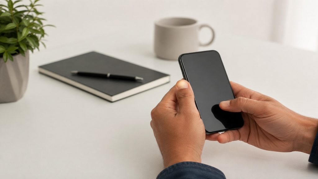 A imagem complementa o tema ao mostrar uma cena minimalista e moderna: uma pessoa utilizando um smartphone sobre uma mesa organizada, com elementos discretos como caderno, caneta e planta decorativa. A composição transmite praticidade, tranquilidade e organização, reforçando visualmente a ideia de uma rotina financeira simples e digitalizada através da conta digital.