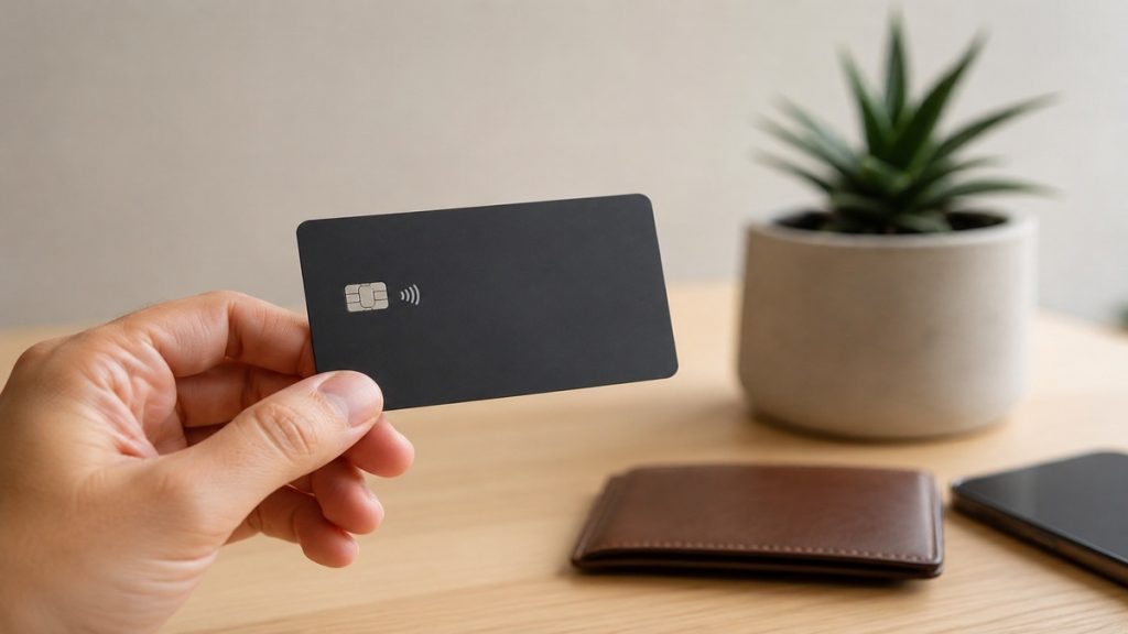 Mão segurando cartão de crédito preto sem identificação em ambiente minimalista, com carteira, smartphone e planta desfocados ao fundo sobre mesa de madeira clara, representando praticidade financeira e opções sem anuidade no Brasil.