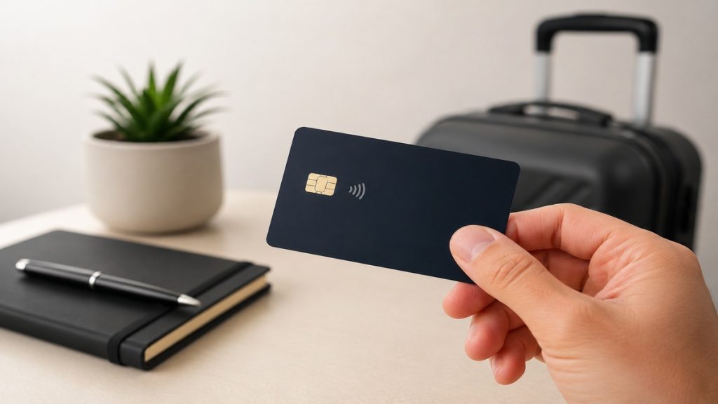 Pessoa segurando cartão de crédito escuro em ambiente minimalista com mala de viagem, caderno e planta desfocados ao fundo, representando programas de recompensas, milhas e benefícios financeiros ligados ao uso do cartão de crédito no Brasil.