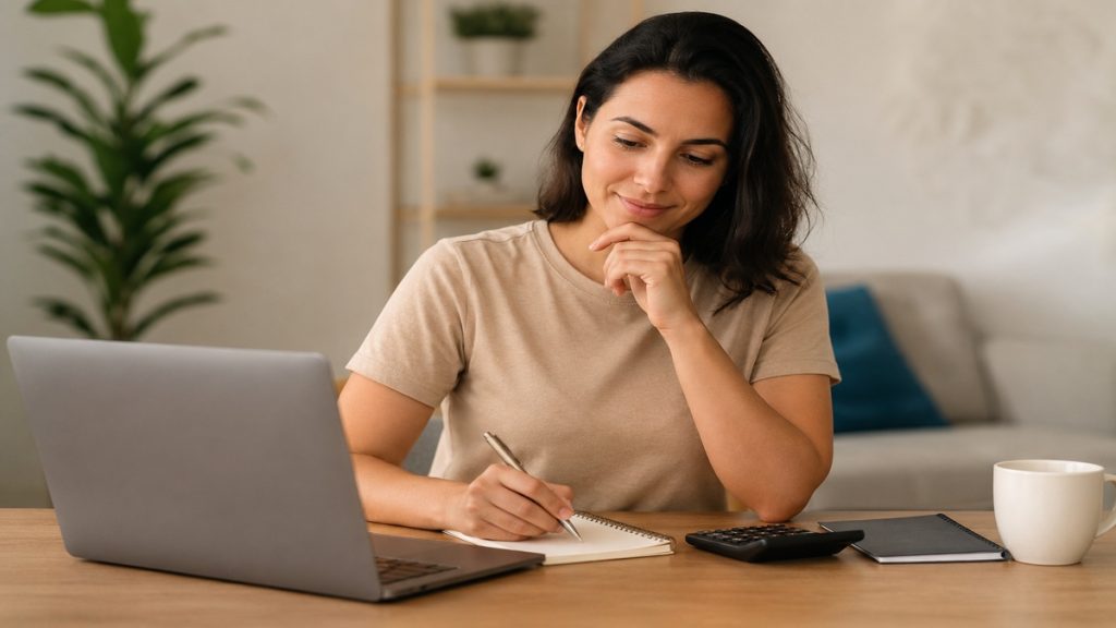 A imagem mostra uma mulher sentada à mesa em um ambiente doméstico organizado, utilizando um notebook enquanto faz anotações em um caderno. Sobre a mesa há uma calculadora, um bloco de notas e uma caneca, elementos que remetem ao planejamento financeiro e à análise de despesas.