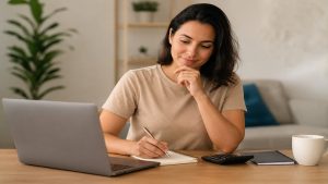 A imagem mostra uma mulher sentada à mesa em um ambiente doméstico organizado, utilizando um notebook enquanto faz anotações em um caderno. Sobre a mesa há uma calculadora, um bloco de notas e uma caneca, elementos que remetem ao planejamento financeiro e à análise de despesas.